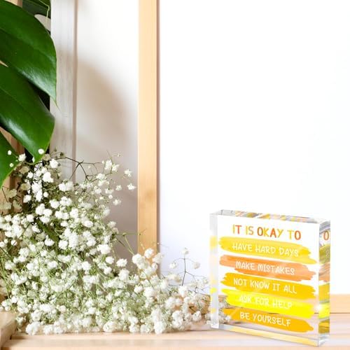 Mental Health Office Decor - Yellow 4 Inch Acrylic Tabletop Sign, Inspirational Desk Accessories for Workplace Wellness, Motivational Quote for Therapy Office & Home Desk