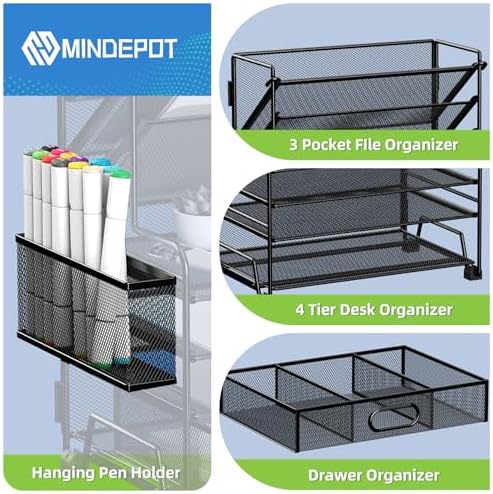 MINDEPOT 4-Tier Paper Organizer + 3-Pocket File Holder, Desktop File Organizers Paper Tray for Office School Classroom Workspace Organization (Black 2+3 Desk Organizer)