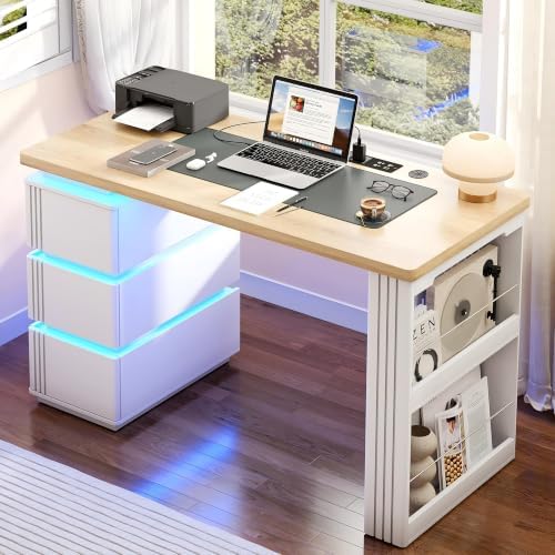 Vlsrka 47.2" Home Office Desk with 3 Drawers and Shelves, Power Outlets