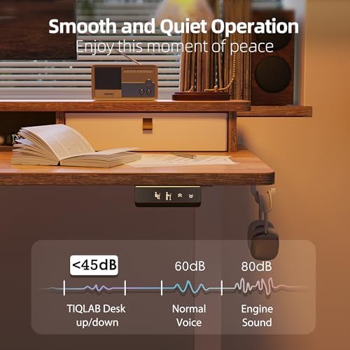 TIQLAB Standing Desk with Two Drawers, Stand Up Standing Desk Adjustable Height, Electric Sit Stand Table with Storage Shelf and Splice Board, 55 * 28 inch, Maple