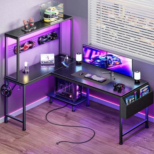 PRAISUN L Shaped Gaming Desk with LED Lights & Power Outlets