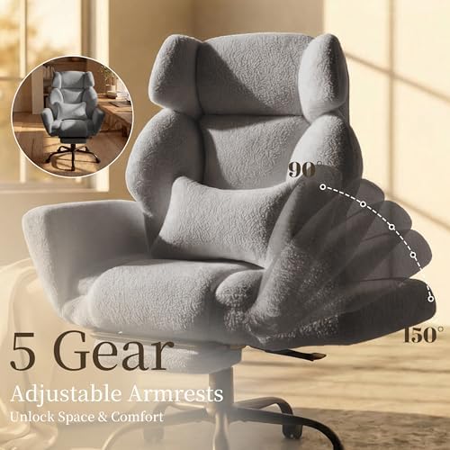 Office Chair with Flip Armrests,Comfy Criss Cross Chair for Pets Sitting,Big and Tall Office Chair with Foot Rest,Extra Wide Seat & Lumbar Pillow,Ergonomic Computer Gaming Chair,Teddy Fleece,Grey
