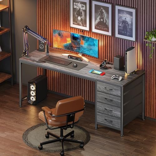 PRAISUN 55.1 Inch Computer Office Desk with Power Outelts and USB-C Port, Reversible Gaming Desk with 4 Fabric Drawers, Work Study Desk Work from Home, Grey