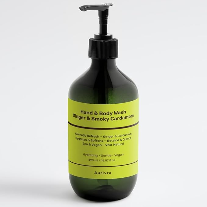 Hydrating Ginger & Smoky Cardamom Hand and Body Wash, 98% Natural, Vegan, Gentle Moisturizing Cleanser for All Skin Types, Paraben & Gluten-Free, Eco-Certified