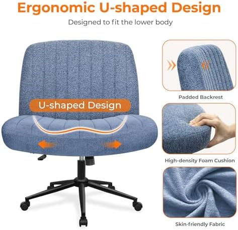 NEO CHAIR Criss Cross Chair with Wheels Armless Cross Legged Office Desk Wide Comfy Vanity Makeup Chair Adjustable Swivel Rolling Computer for Home Office Fabric (Blue)