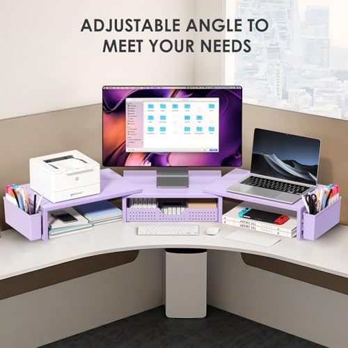 OPNICE Desk Organizers and Accessories, Dual Monitor Stand Riser with Drawer and 2 Pen Holders, Desk Shelf Computer Racks for Office Workspace Organizers, Desktop Organization (Purple)