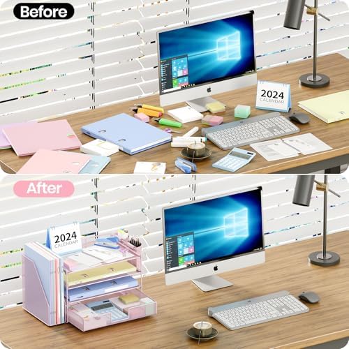 OPNICE Desk Organizer, 4-Tier Desktop File Organizer with Drawer and Pen Holders, Office Desk Accessories, File Sorters, Workspace Organizers for Office Supplies(Pink)