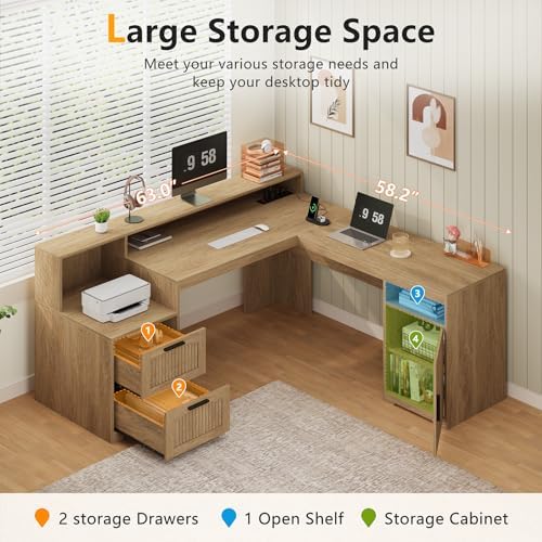 63" Fluted L Shaped Desk with Drawers & Printer Shelf for Home Office