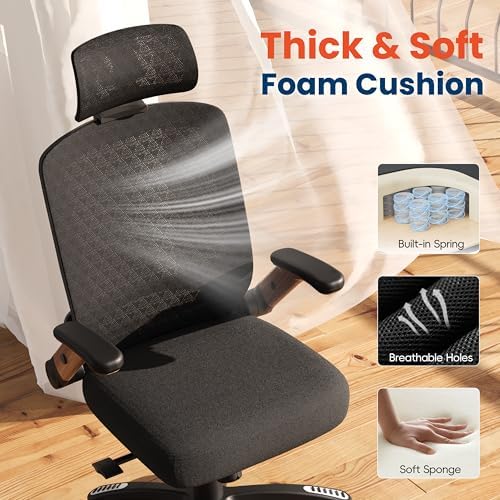 GABRYLLY Ergonomic Office Chair, High Back Home Desk Chair with Flip-Up Arms, 3D Headrest, Thick Sponge Seat &90-120° Recline, Big and Tall Mesh Executive Chairs for Man Woman, Black Woodgrain