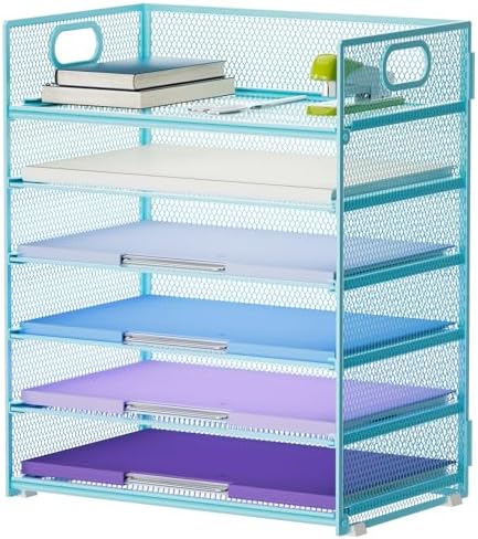 Marbrasse 6 Tier Paper Organizer Letter Tray - Mesh Desk File Organizer with Handle, Paper Sorter for Letter/A4 Office File Folder Holder -Blue