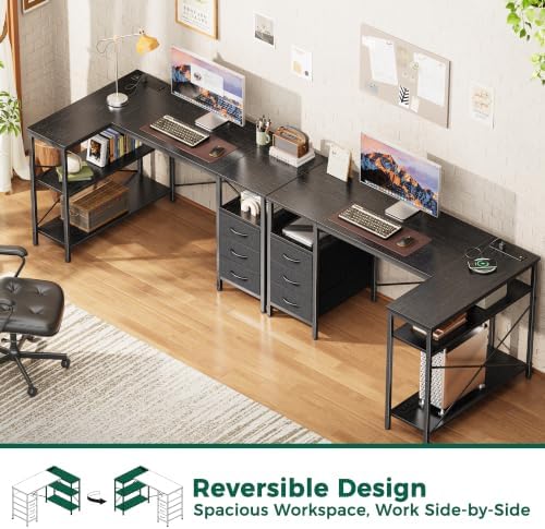 Huuger L Shaped Office Desk with Power Outlets & 3 Drawers
