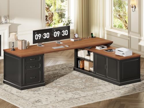 SEDETA Farmhouse L Shaped Desk with Drawers, 70.9" Home Office Desk with Storage Cabinet and Storage Shelves, L Shaped Computer Desk with Power Outlet，Black+Brown
