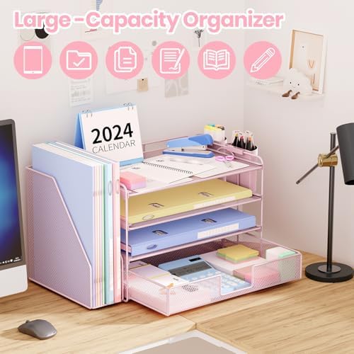 OPNICE Desk Organizer, 4-Tier Desktop File Organizer with Drawer and Pen Holders, Office Desk Accessories, File Sorters, Workspace Organizers for Office Supplies(Pink)