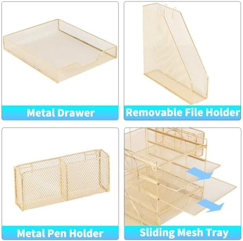 5-Tier Desk File Organizer with Drawer & Pen Holder (Gold)