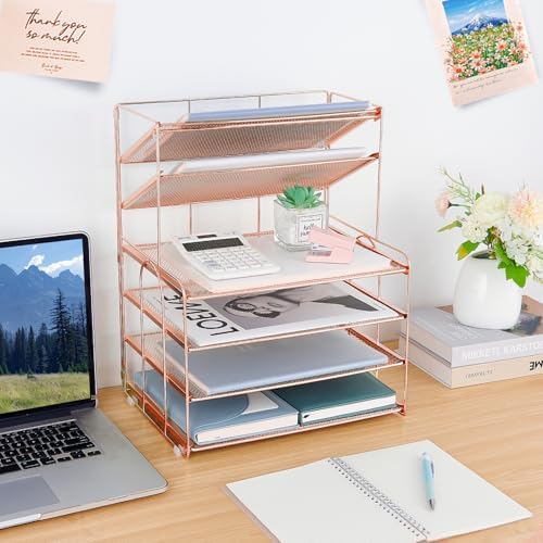 OPNICE Desk Organizer, 6-Tier Paper Organizer Letter Tray, Rose Gold