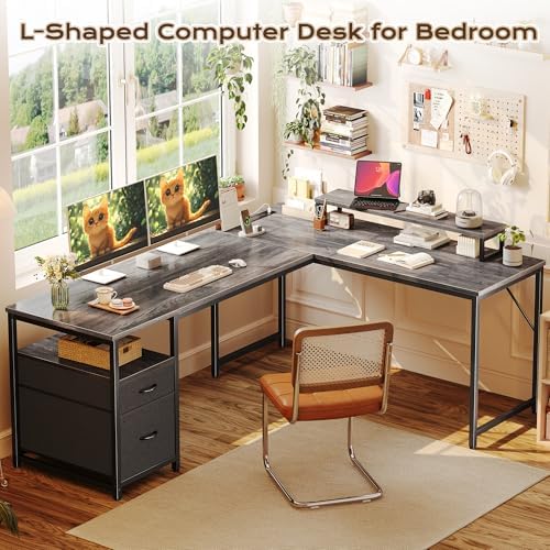 PRAISUN 63 Inch L Shaped Desk with Power Outlets and USB-C Port, Computer Corner Home Office Desk with File Fabric Drawers and Movable Monitor Stand, Larger Storage, Gaming, Writing, Work, Grey