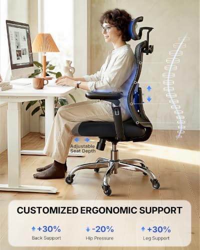 HUANUO Ergonomic Office Chair with 6D Armrest, Seat Depth Adjustment, Lumbar Support, Quiet Rubber Caster, High Back Mesh Gaming Chair with 3D Headrest, Big and Tall Chair for Home Office, Pack of 6