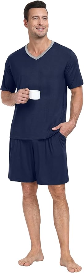 PrinStory Men's Pajama Set Sleepwear Pjs Lightweight Quick Dry Short Sleeve V-Neck Shirts and Shorts Soft Comfy Sleep Sets