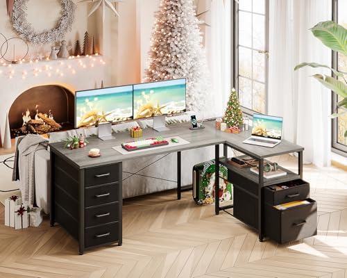 Coleshome 55 Inch L Shaped Office Desk with 6 Drawers, Power Outlet, Grey