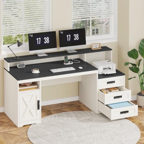 65" Farmhouse Computer Desk with Drawers and Printer Stand for Home Office