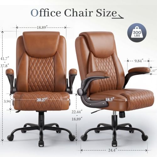 GTPOFFICE Executive Office Chair with Comfortable Lumbar Support, Ergonomic Gaming Chair with Flip-up Armrests & Zoned Pressure-Relief Cushion, Comfy PU Leather Desk Chair, Brown