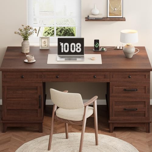 GarveeHome Executive Desk with File Drawers, Farmhouse Home Office Desk with Charging Station, 60 in Wooden Computer Desk with Cabinet Storage for Work Study Writing, Walunt Brown