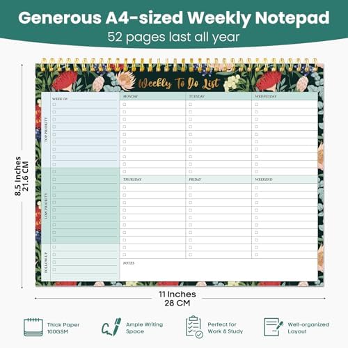 Weekly To Do List Notepad with 52 Undated Sheets（8.5"×11"）- Undated Weekly Planner Notepad for Office Desk Accessories and Supplies - Sage Blossom