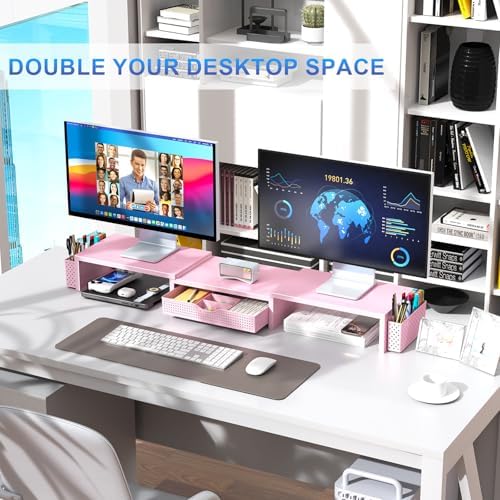 gianotter Dual Monitor Stand Riser With Drawer and 2 Pen Holders