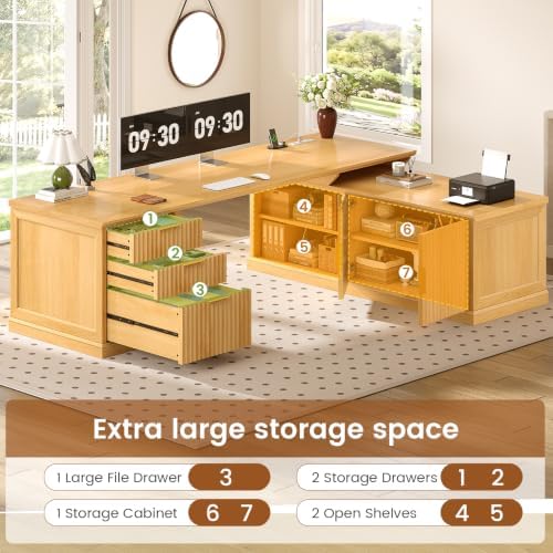 SEDETA Fluted 70.9" L Shaped Desk with Drawers, Fluted Oak