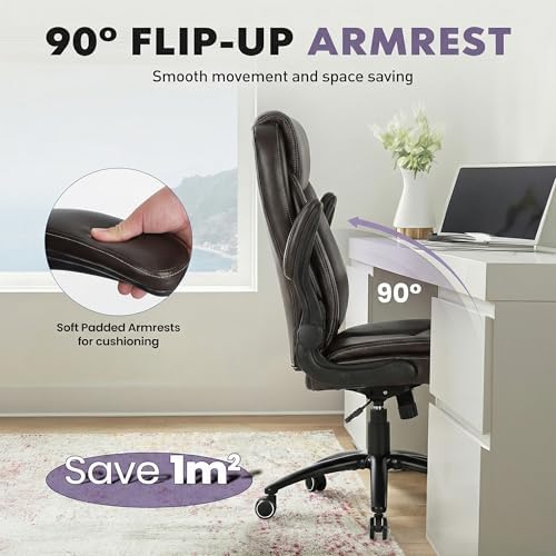 300lbs Capacity Executive Desk Chair Set of 2 with Ergonomic Lumbar Support, Flip-up Arms & High Back Leather Computer Chair for Home/Office, Brown