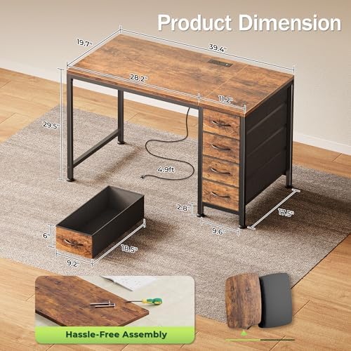 PRAISUN 39.4 Inch Computer Office Desk with Power Outelts and USB-C Port, Reversible Gaming Desk with 4 Fabric Drawers, Work Study Desk Work from Home, Rustic Brown