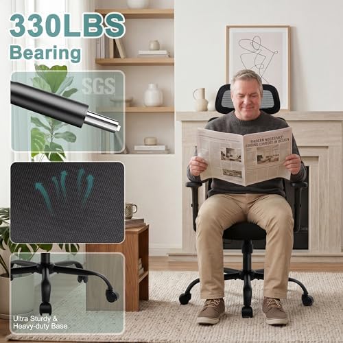 Shintenchi Mesh Office Chair, Ergonomic Home Office Desk Chair with Adjustable Lumbar Support, Headrest, 90°-135° Tilt, Computer Chair for Home Office, Black Task Chair