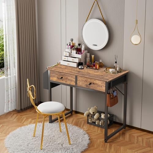 Lufeiya Small Computer Desk with 2 Drawers for Bedroom, 31 Inch Home Office Desk with Storage Fabric Drawer and Bag, Study Writing Table for Small Spaces, Rustic Brown