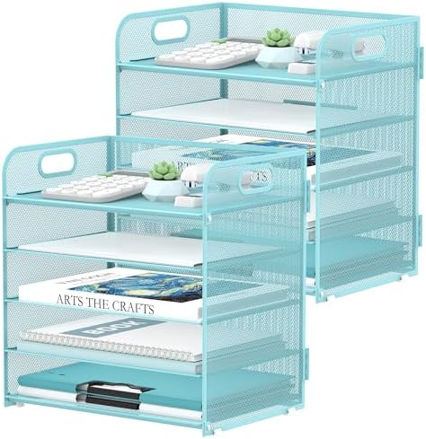 2 Pack 5-Tier Blue Desk Organizer with Handle Mesh Desk File/Paper Organizer Letter Tray for Office, School and Home Easy Installation