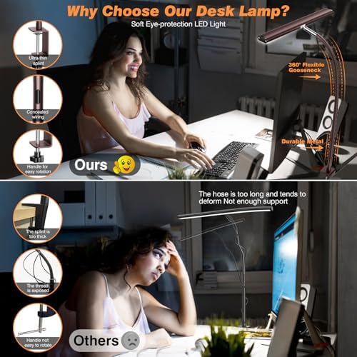 Airlonv LED Desk Lamp with Clamp, 17" Stepless Dimming Light, Brown
