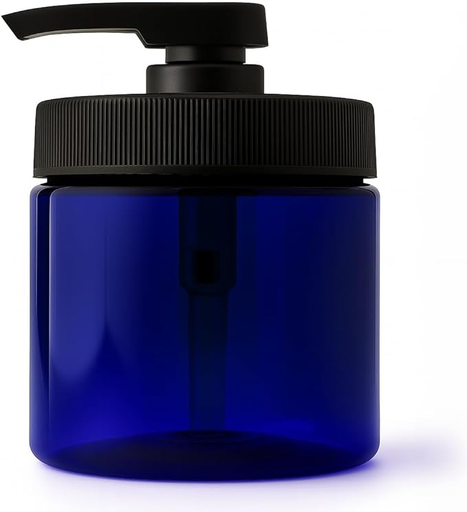 Royal Massage 16oz Refillable Pump Jar with Locking Dip Tube Dispenser – BPA-Free Plastic Container for Massage Oils, Lotions, Creams – Ribbed Lid Wide-Mouth Jar – Durable & Reusable (Blue/Black, 1)