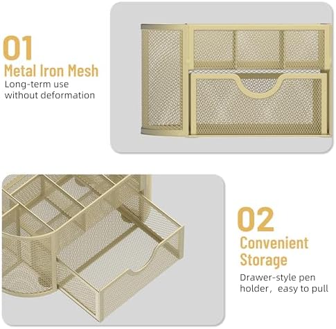 SUPEASY Mesh Desk Organizer, Desk Accessories & Workspace Organizers with Drawers, Pencil Holder for Desk with 9 Compartments for Office Suppliess, 8.6 x 4.3 x 4.1 Inch, Yellow