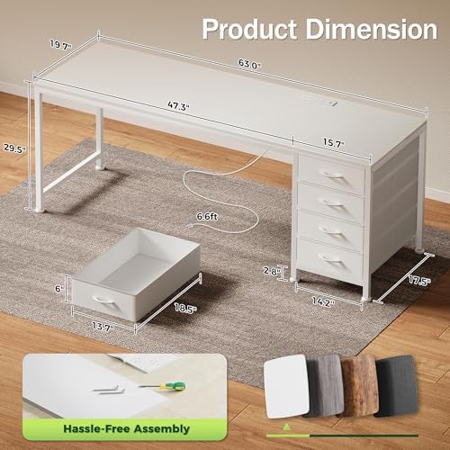 PRAISUN 63 Inch Computer Office Desk with Power Outelts and USB-C Port, Reversible Gaming Desk with 4 Fabric Drawers, Work Study Desk Work from Home, White