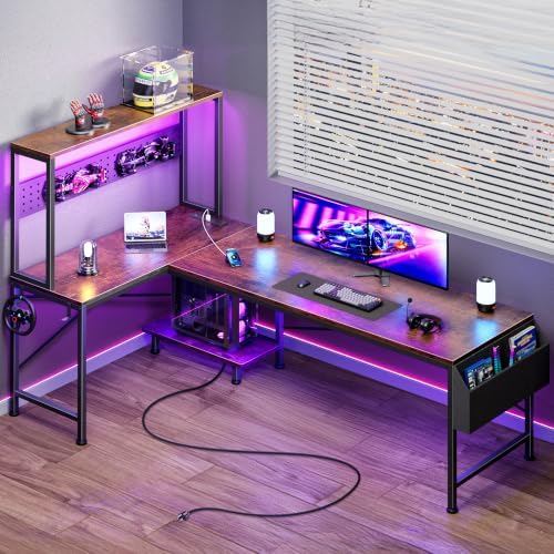 PRAISUN L Shaped Gaming Desk with LED Lights & Power Outlets