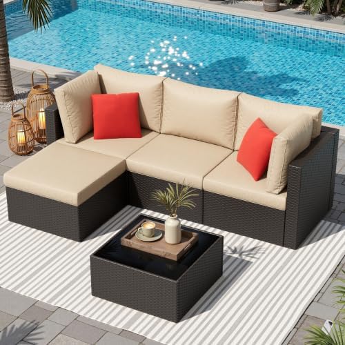 Shintenchi 5 Pieces Patio Furniture Sets Outdoor All-Weather Sectional Patio Sofa Set PE Rattan Manual Weaving Wicker Patio Conversation Set with Glass Table&Ottoman Cushion and Red Pillows, Beige