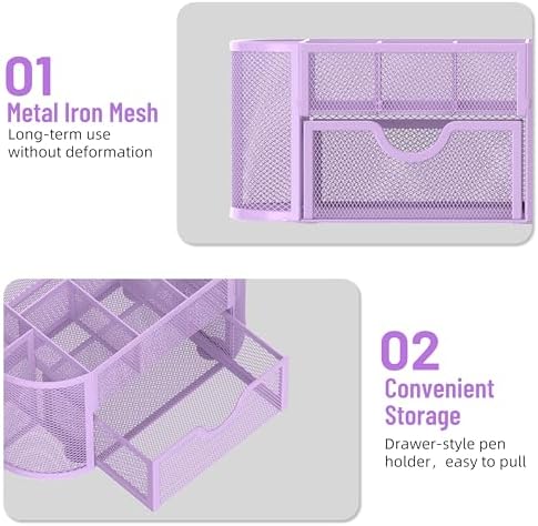 Mesh Desk Organizer with Drawer, 9-Compartment Pen Holder for Desk, Purple