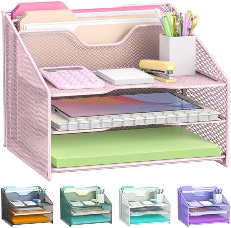 Samstar Pink Desk File Organizer, Mesh Letter File Folder Holder with 3 Paper Trays and 2 Vertical Upright Section, for Office Supplies, Desk Accessories & Workspace, Pink