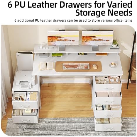 52 Inch Office Desk with 6 Drawers and Printer Space for Storage, Reversible Computer Desk with Monitor Stand & Power Outlets, Home Office Desks, White