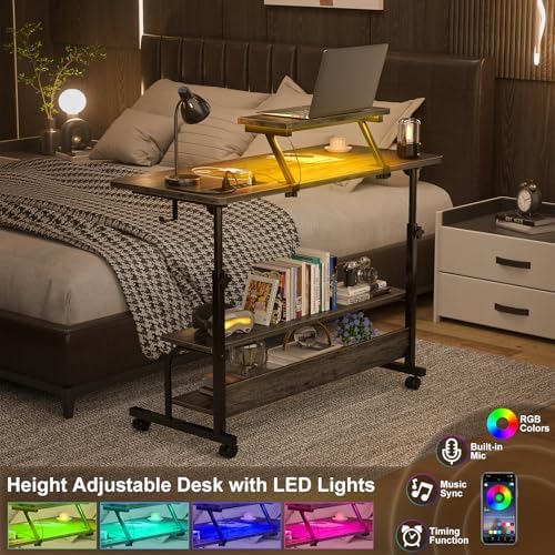 Height Adjustable Standing Desk with Power Outlets and LED Lights - 39" Manual Stand Up Desk with Monitor Stand and Storage Shelves Small Mobile Rolling Computer Desk Portable Laptop Table, Grey Oak