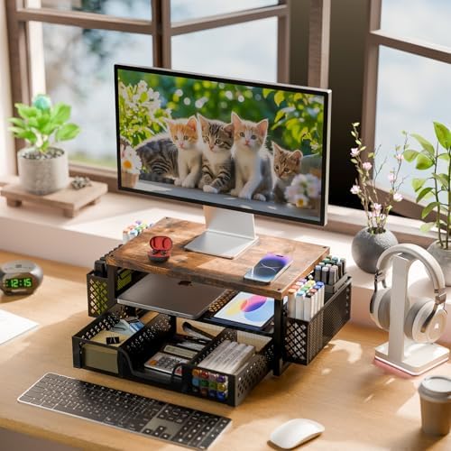 Simple Trending Monitor Stand with Drawer, 2-Tier Laptop Stand, Wood