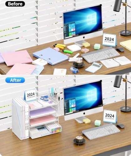 OPNICE Desk Organizers and Accessories, 4-Tier Desktop File Organizer with Drawer and Pen Holders, Office Desk Accessories Workspace Organizers for Office Supplies (Soft White)
