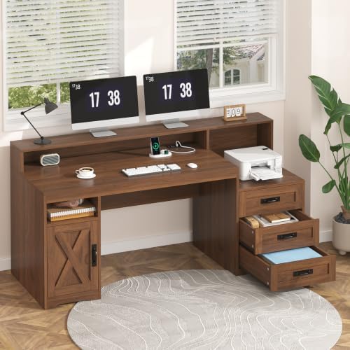 65" Farmhouse Computer Desk with Drawers and Printer Stand for Home Office