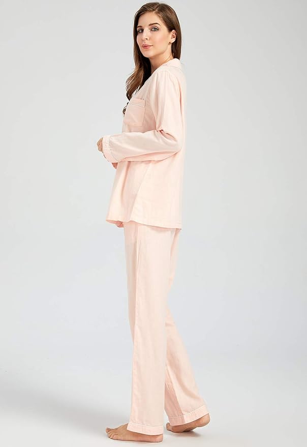 Womens Pajama Sets 100% Double Gauze Cotton Linen Like Muslin Pajamas Long Sleeve Button Down Sleepwear Soft Pjs Lounge Set