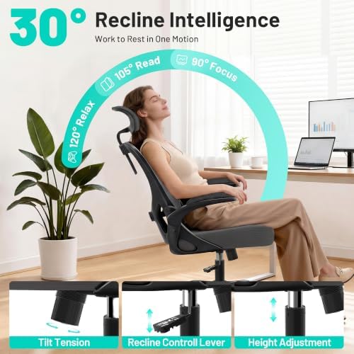 AreShark Office Chair - Ergonomic Desk Chair Breathable Mesh Chair with 2D Headrest & Adjustable Lumbar Support - Executive High Back Rolling Swivel Computer Gaming Chair with Wheels Flip-up Armrests