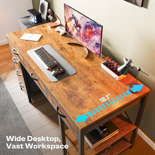 Huuger Computer Desk with 6 Drawers, Office Desk with Shelves, Reversible Gaming Desk, Corner Desk with Storage, Work for Home Office, Study, Living Room, 54inch, Rustic Brown